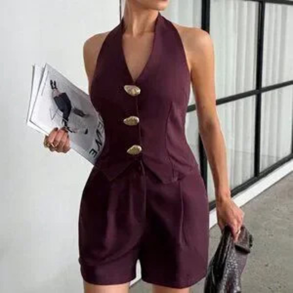 Lilac Purple Casual Women's Halter Top And Shorts Set
